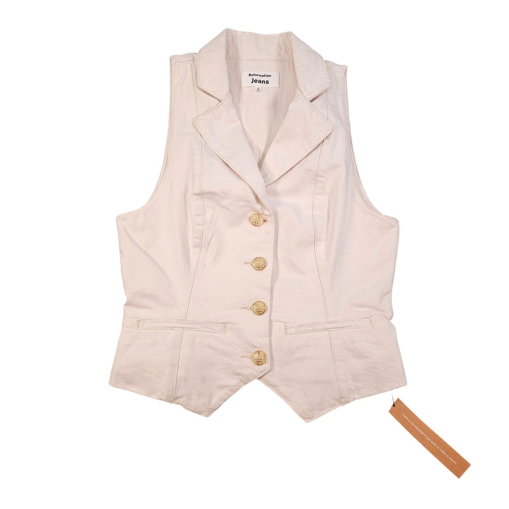 Reformation Jeans Nova Denim Vest Cream Gold Crest Button Tailored Waistcoat 6